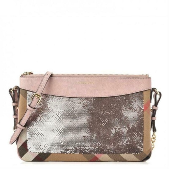 BURBERRY PEYTON SEQUIN HOUSE CHECK PINK METALLIC BROWN CANVAS CROSS BODY BAG - Picture 4 of 4